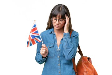 Young caucasian woman holding an United Kingdom flag over isolated background with headache