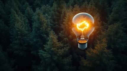 A light bulb glows above a dark green forest canopy aerial view.