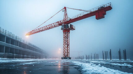 towering crane operates above frosty construction site, shrouded in mist