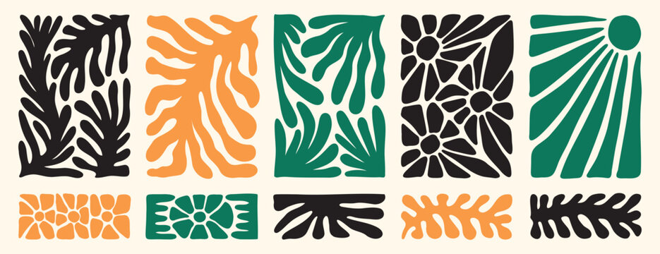 Matisse organic doodle plant shapes. Abstract flower and leaves shapes set. Trendy minimal style. Contemporary poster or background. Botanic vector illustration
