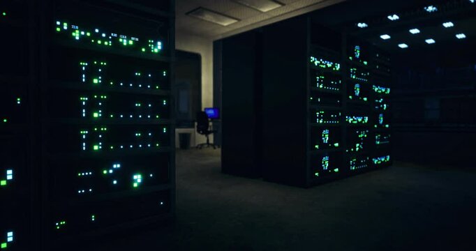 Dimly lit server room filled with racks of equipment emitting green lights, suggesting a busy data center environment focused on technology and information storage.