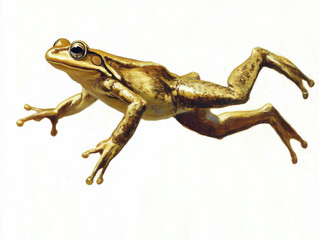 A frog leaping through the air, legs outstretched and toes spread.