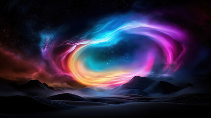 Obraz premium Ethereal swirl of colors over a mountain landscape at night