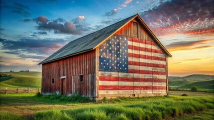 Obraz premium Rustic Barn Adorned with Patriotically Painted Stripes at Sunset on Rolling Hills