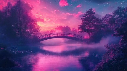 Enchanting, mystical bridge over a tranquil lake at dawn