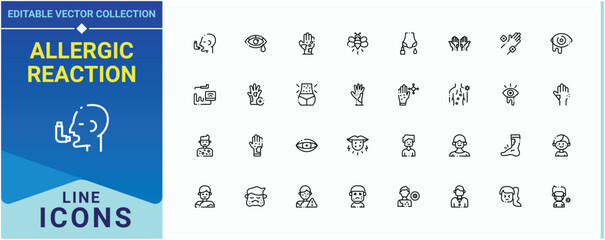 Allergic Reaction icon set. Featuring sick, allergen, disease, health, flu, treatment, allergy and more. Allergy Disease line icon set. Minimal icons pack. Vector illustration.