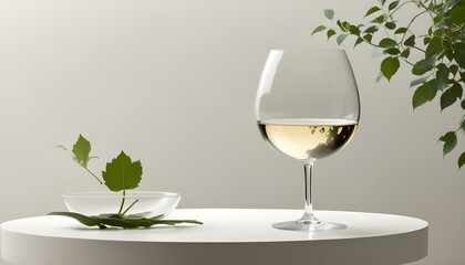 A large glass of white wine, complemented by fresh green leaves, on a round white table.