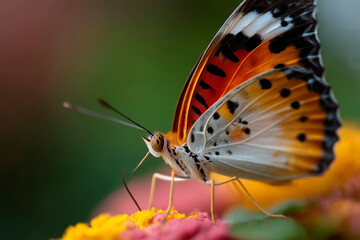 Obraz premium A macro shot of a vibrant butterfly on a flower, showcasing intricate wing details and natural colors, captured in 4K clarity. 