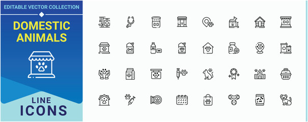 Domestic Animals icon set in linear style. Contain linear sign animal care, cat, dog, puppy, kitten and more. Animal And Pet icon collection. Minimalist icons pack. Editable vector stroke.