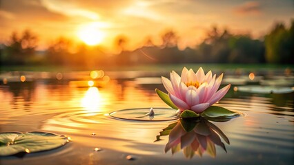 Serene water lily blossom floats gently on tranquil sunset water, reflecting golden light, peaceful nature scene