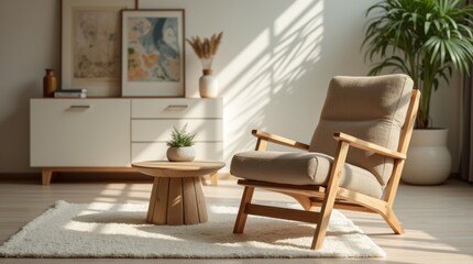 Cozy sunlit living room with wooden armchair, round table, and decor