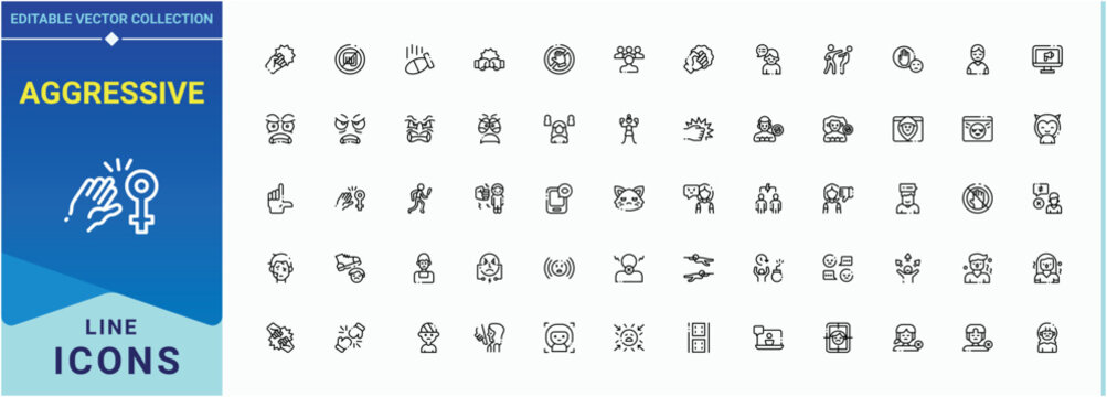Aggressive modern icon set. Related to anger, reaction, angry, attack, aggression and more. Anger icon set. Minimal icons pack. Editable stroke. Pixel Perfect.