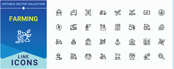 Farming line icon set. Includes thin line symbols harvest, plant, gardening, garden and more. Agriculture icon set. Set of line pictogram. Pixel perfect. Editable vector.