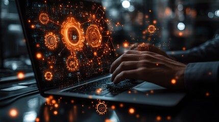 Person types on a laptop with glowing orange gear graphics overlayed on screen.