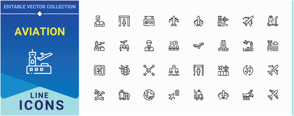 Aviation linear icon set. Related to air bus, transport, air, plane, ticket and more. Airport icon collection. Isolated icons. Pixel perfect. Editable vector.