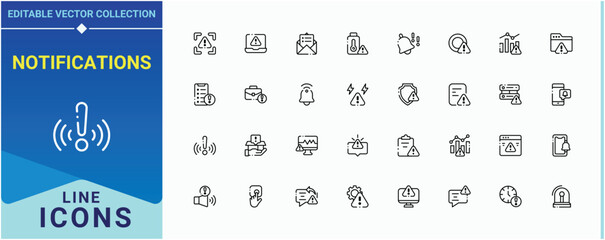 Notifications vector icon set. Related to aware, attention, caution, exclamation, warning and more. Alerts modern icon set. Minimal linear icons. Signs for web and mobile app.