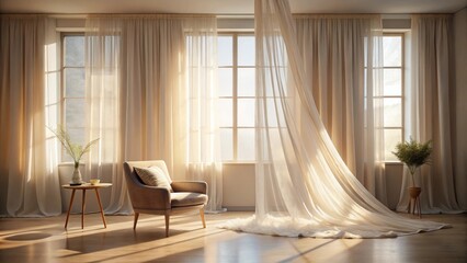 Fototapeta premium Serene Interior Sunlit Room with Sheer Curtains Draped Elegantly Around a Comfortable Armchair and Side Table, Creating a Peaceful and Relaxing Atmosphere