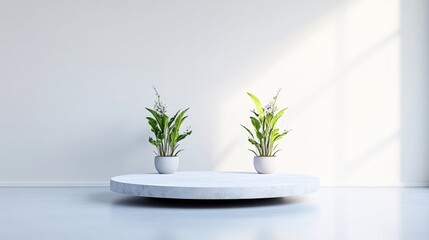 Minimalist, modern interior scene with two potted plants on a circular platform