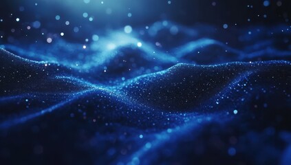 Abstract digital landscape of undulating particles.  A mesmerizing display of a deep blue,  wavy surface composed of countless tiny, glowing particles. Subtle light effects create depth and dimension