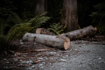 Obraz premium 森林に倒れた木の丸太と周囲の緑豊かな植生が調和する風景