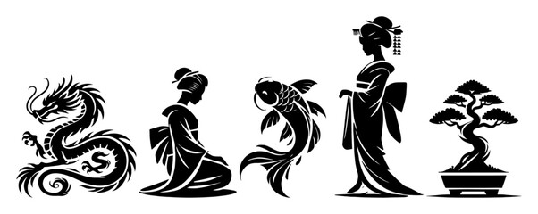 oriental elements dragon geisha koi fish and bonsai tree silhouette collection isolated on white