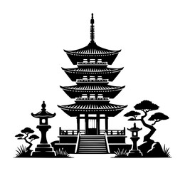 traditional japanese pagoda with lantern and bonsai tree silhouette isolated on white background