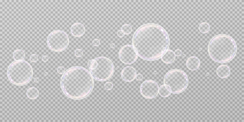 Realistic soap vector bubbles png isolated on transparent background. Falling and flying bubbles effect.Soap bubble color spectrum