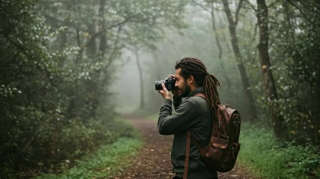Photographer capturing nature in a misty forest, surrounded by lush greenery and soft light - dreadlock photoshoot