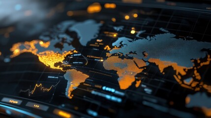 Futuristic digital map with financial indicators and analytics data streams, emphasizing global market trends