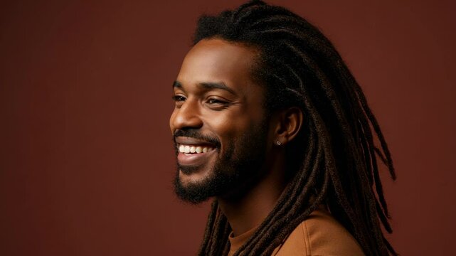 Smiling man with dreadlocks against a warm-toned background, exuding joy and confidence - dreadlock photoshoot