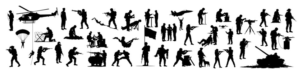 large set of military operations silhouettes including soldiers helicopter tank and paratrooper