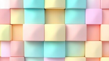 Bright pastel-colored soft foam cubes arranged in a geometric pattern for interior decor, background design, or creative craft projects with vibrant hues and uniform shapes