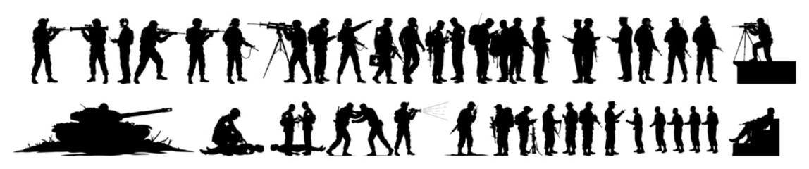 Naklejka premium set of military soldiers in combat poses with tank and weapon silhouettes isolated