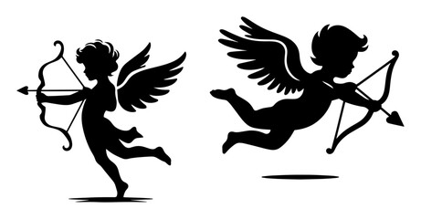 Fototapeta premium two cupid silhouettes with bow and arrow flying and aiming isolated on white background