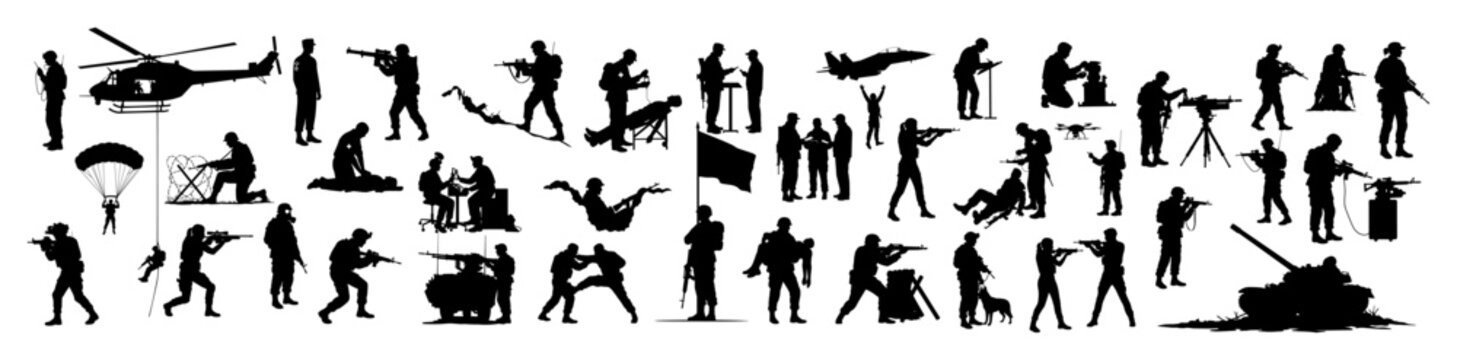 large set of military operations silhouettes including soldiers helicopter tank and paratrooper