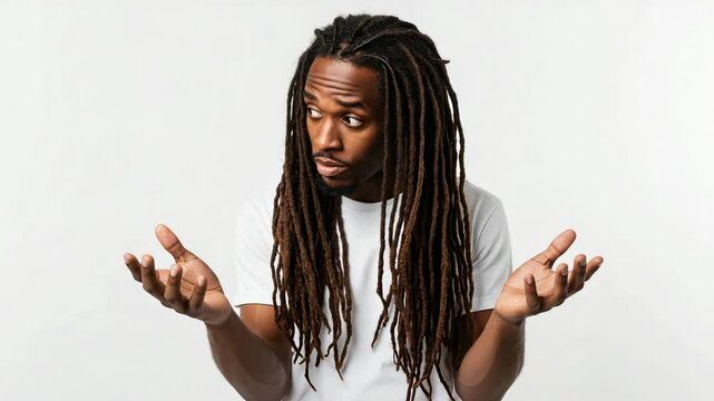 Young man with long dreadlocks expressing confusion, standing against a plain background - dreadlock photoshoot