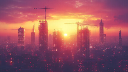 Fototapeta premium Urban development with cranes at sunset, showcasing vibrant skyline and construction activity