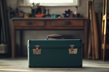Green toolbox sits on a wooden floor in a workshop.