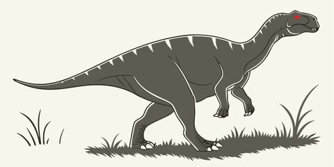 Dinosaur Vector Silhouette with Red Eyes Walking in Grassland Prehistoric Reptile Illustration