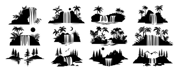 collection of black and white tropical and forest waterfalls vector silhouettes isolated