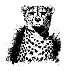 majestic cheetah ink illustration in black and white with grunge texture isolated