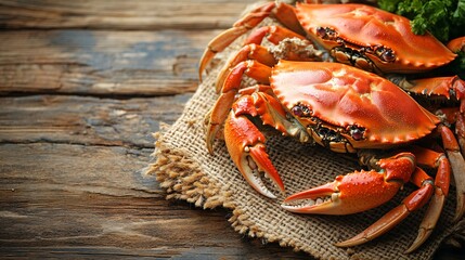 fresh cooked crabs on rustic wooden surface for seafood cuisine and market photography