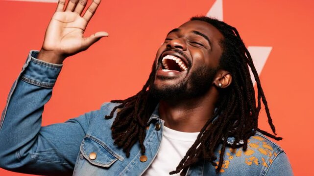 Joyful man laughing against a vibrant orange background, showcasing a moment of happiness and energy - dreadlock photoshoot