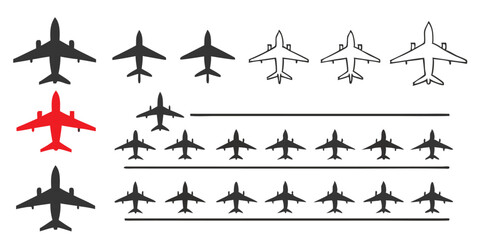 Military Fighter Jet Vector Silhouette Set, Various Angles and Sizes, Combat Aircraft Icons for Aviation Design