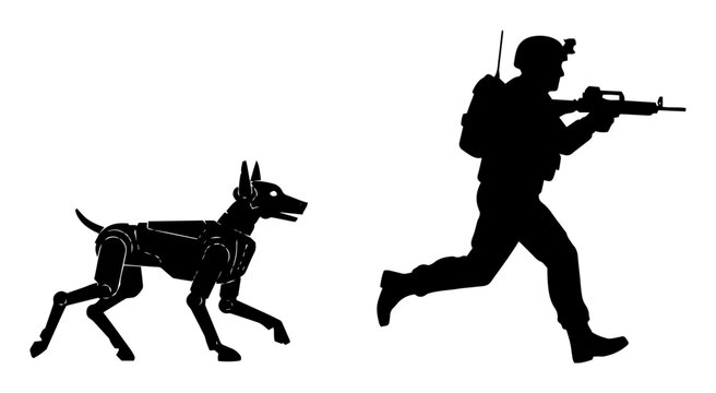 black silhouette of soldier running with robotic dog companion isolated on white