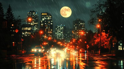 Fototapeta premium Rainy Night Cityscape, Traffic, Full Moon