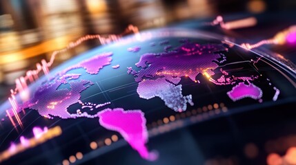 High-tech digital map of the world with neon data flows and financial charts, suggesting real-time global analytics