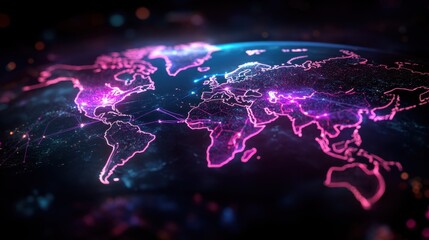 High-tech digital map of the world with neon data flows and financial charts, suggesting real-time global analytics