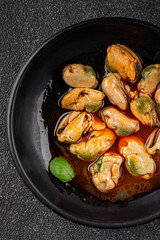 Mussels canned seafood appetizer dish organic product fresh tasty gourmet food background on the table rustic food top view copy space keto paleo pescetarian diet vegetarian food