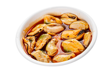 Mussels canned seafood appetizer dish organic product fresh tasty gourmet food background on the table rustic food top view copy space keto paleo pescetarian diet vegetarian food